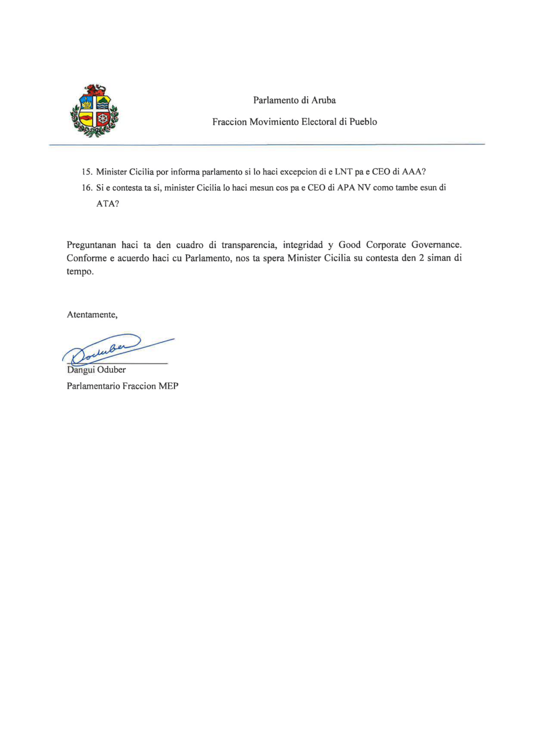 MEP stelt extra vragen aan minister Cicilia over MoU met Royal Schiphol Group MEP stelt extra vragen aan minister Cicilia over MoU met Royal Schiphol Group