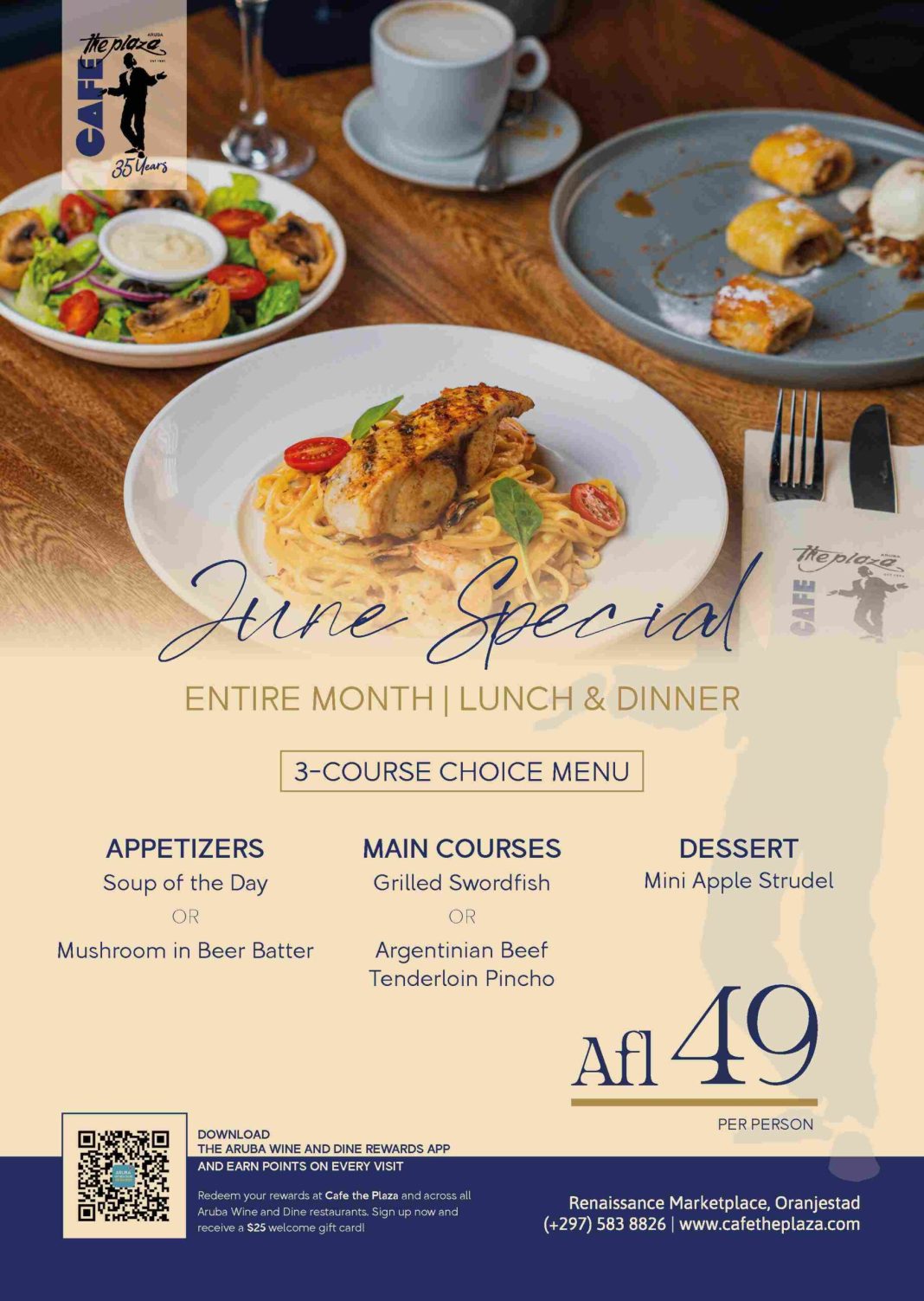 Café the Plaza biedt gedurende juni driegangenmenu aan voor 49 florin (Picture by: 24ora.com)