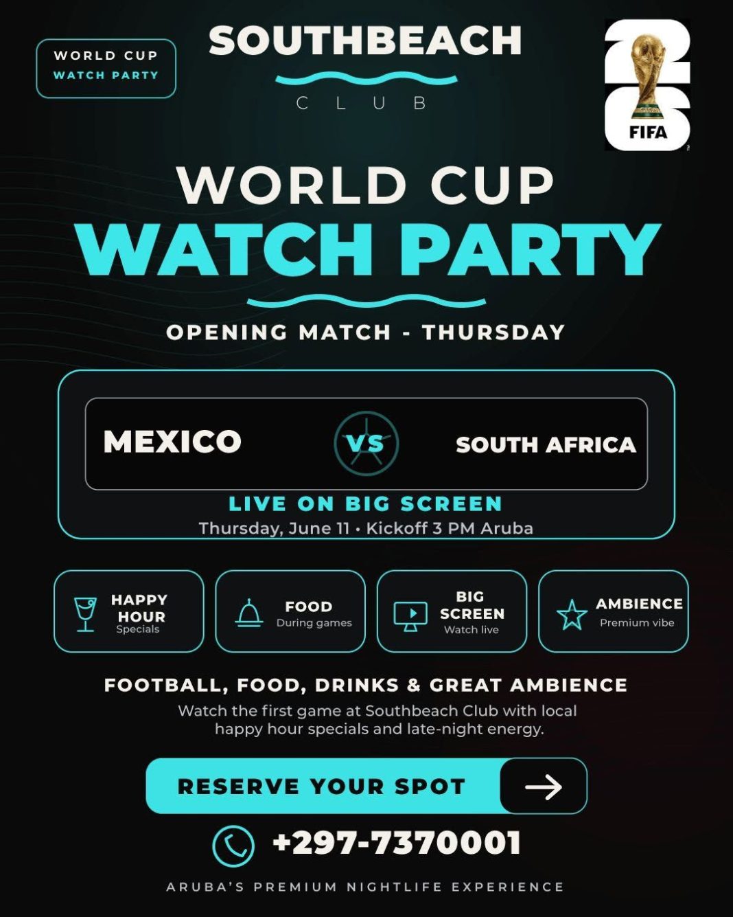 South Beach Club Aruba organiseert kijkavond voor WK-wedstrijd Mexico tegen Zuid-Afrika (Picture by: 24ora.com)