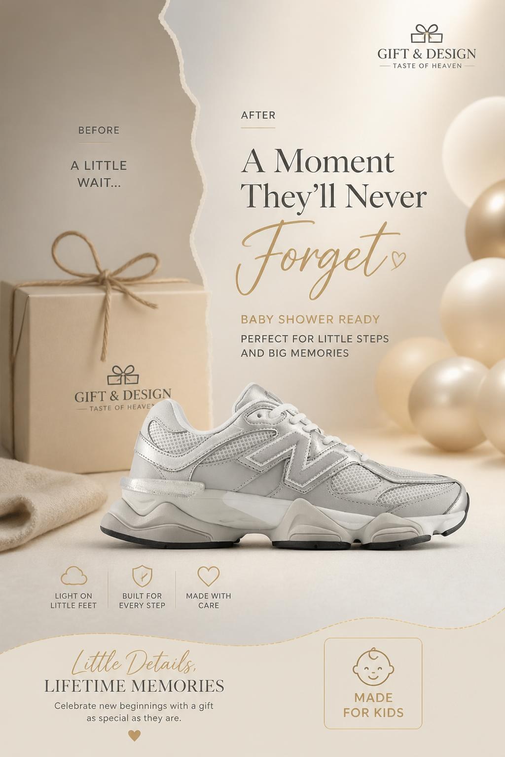 Baby shower gift campaign generated by the AI Studio from the same sneaker photo