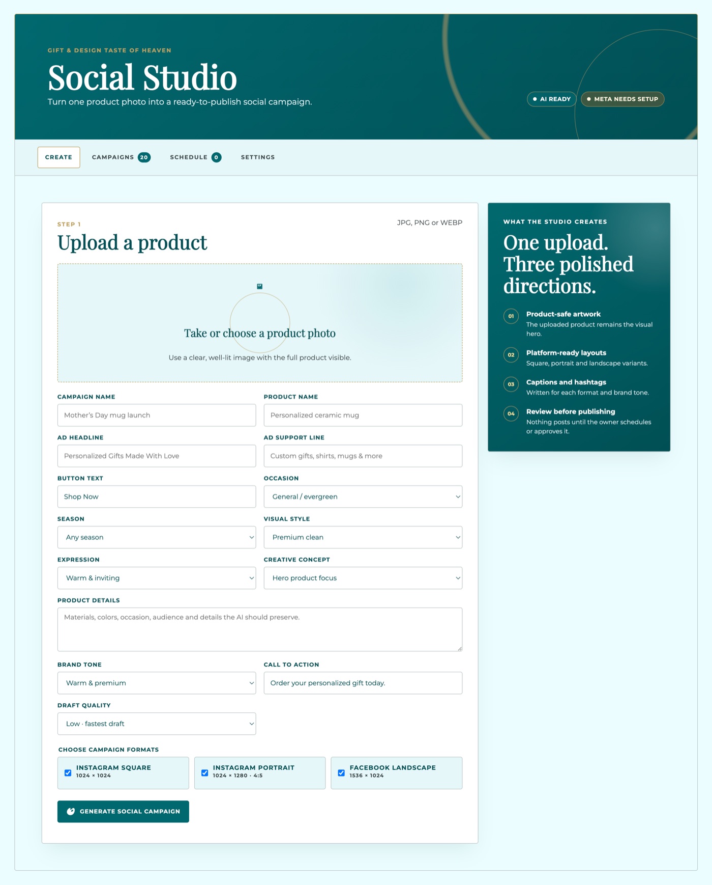 The AI Social Studio dashboard: upload a product photo and generate a ready-to-publish social campaign