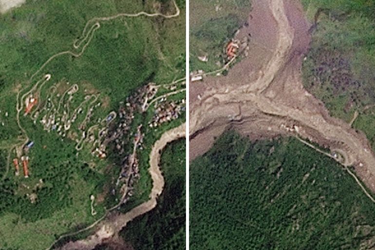 Satellietbeelden tonen verwoesting door overstromingen aan Nepal-Tibet grens (Picture by: aljazeera.com)