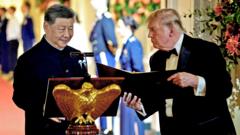 Trump en Xi: warme woorden, weinig resultaat Trump en Xi wisselen vriendelijke woorden uit bij staatsdiner, maar weinig vooruitgang op cruciale dossiers (Picture by: ichef.bbci.co.uk)